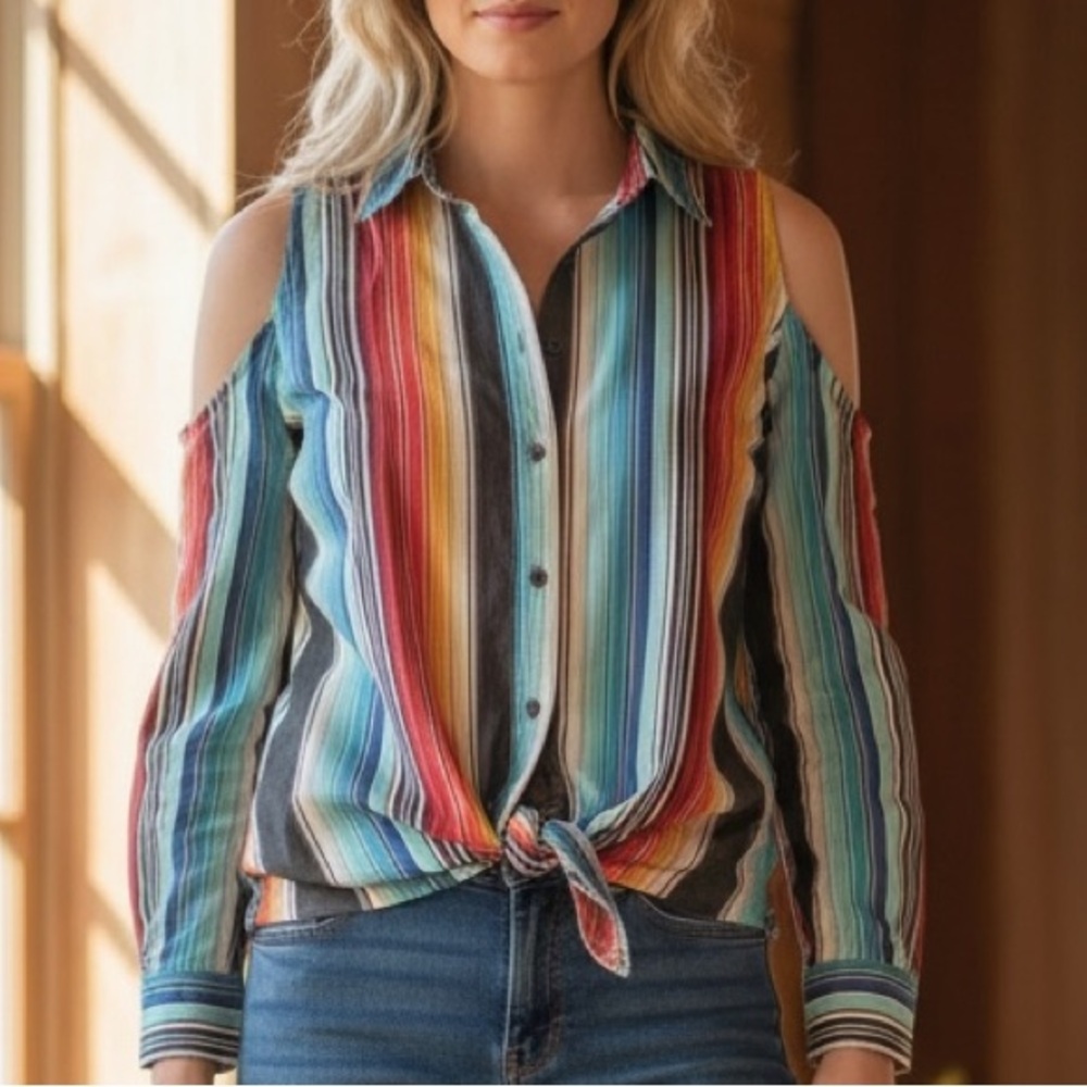 RARE Rock & Roll Cowgirl Striped Button Down, Rodeo Maximalism shoulder cutout